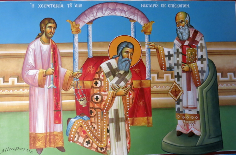Η χειροτονία του Αγίου Νεκταρίου εις επίσκοπον ( Διαστ. 1.90 Χ 1.50, σκόνες αγιογ. σε πανί )