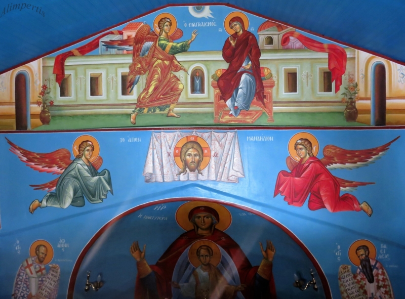 Ο Ευαγγελισμός της Θεοτόκου.Το Άγιο Μανδύλιο μετά Αγγέλων. Ιερά κόγχη.  ( Διαστ. Ευαγγελισμού 4.30 Χ 1.60, σκόνες αγιογ. σε πανί )