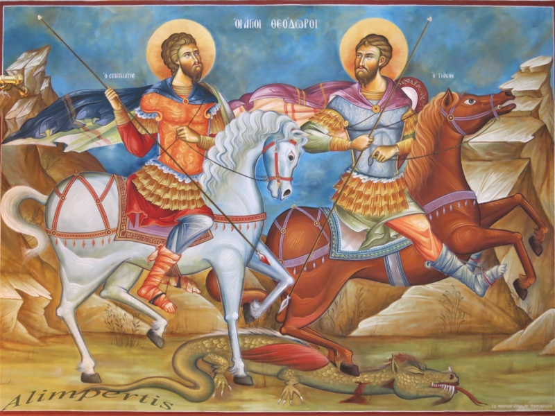 Άγιοι Θεόδωροι Τύρων και Στατηλάτης ( Διαστ.3.90 Χ 2.20,σκόνες αγιογρ.σε πανί )
