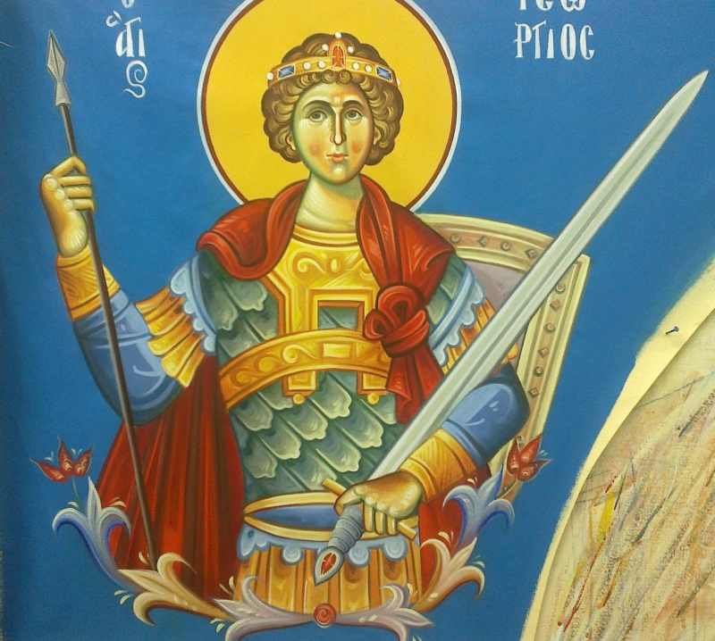 Άγιος Γεώργιος ο Τροπαιοφόρος (Μπούστο, διαστ.1 Χ 1.50,σκόνες αγιογρ. σε πανί)